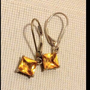 .925 Silver Princess Dangle .25" Yellow Citrine Stone Earrings w Leverback Clasp
